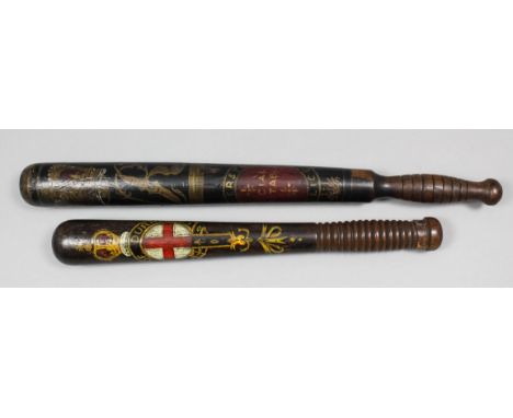 A Victorian turned wood truncheon painted with a crown over the arms of Durham and inscribed "City of Durham", 14ins, and a V