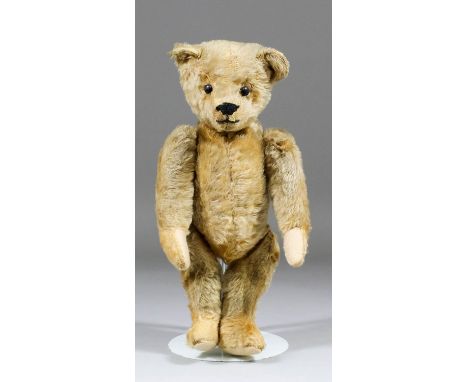 A 1910 small Steiff blond mohair teddy bear with black button eyes and hump, 11.5ins high