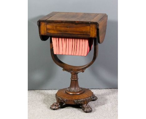 A William IV rosewood drop-leaf work/games table, the top with shaped leaves, sliding central section with chess board to rev