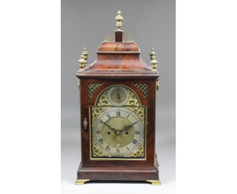 A George III mahogany table clock by Budgen of Croydon, the 6.75ins arched brass dial with silvered chapter ring with Roman a