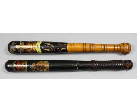 A Victorian turned wood truncheon painted with a crown over the royal cipher above "S.C." and "1867.Lutterworth - Feinian Rio