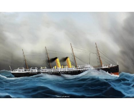 Early 20th Century School - Gouache - Ship portrait - "R.M.S. Ormuz" in choppy seas, 15ins x 23.5ins, unsigned, in birdseye m