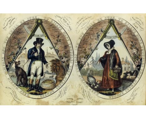 19th Century English School - Coloured engraving of Masonic interest - Full length portrait of two figures in a landscape wit