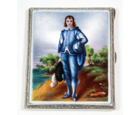 An early 20th Century Continental silver and enamel rectangular cigarette case, the front enamelled with "Blue Boy" after Gai