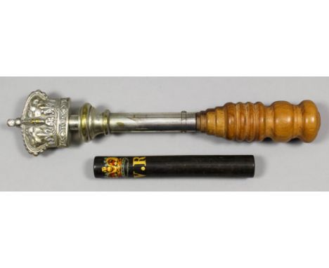 A tipstaff, the crown and central shaft of plated brass on a turned hardwood handle, 5.25ins (possibly Scottish), and an unus