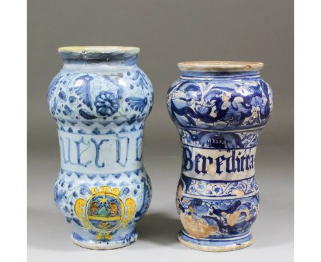 A late 17th Century Italian Berrettino Albarello with coloured crest, worded "U. UERDE", and dated 1688, possibly Marchingian