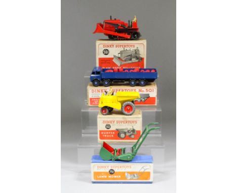 Four Dinky Supertoys diecast model vehicles - Foden diesel eight wheel wagon (No. 501), Blau Knox bulldozer (Nol. 561), Dumpe