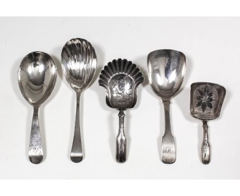 Three George III silver caddy spoons - plain spoon with oval bowl by Joseph Hicks, Exeter 1810 (weight 12.8 grammes), with sh