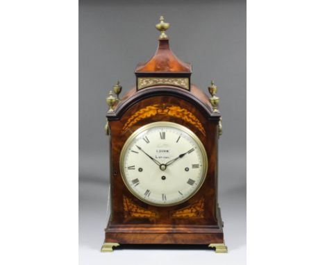 A George III mahogany mantel clock by S. Dunn of London, the 8ins diameter painted domed metal dial with Roman numerals to th