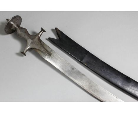 A 19th Century Indian Tulwar sword, the 28ins blade with plain steel hilt, pommel and guard bearing script, and with plain le