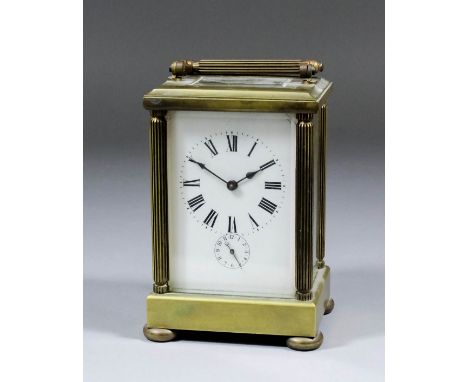 An early 20th Century French carriage timepiece with alarum, the white enamelled dial with Roman numerals to the eight day mo