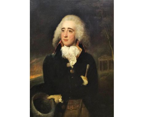 Early 19th Century English School - Oil painting - Three quarters length portrait of a fine Regency gentleman with hat and ca