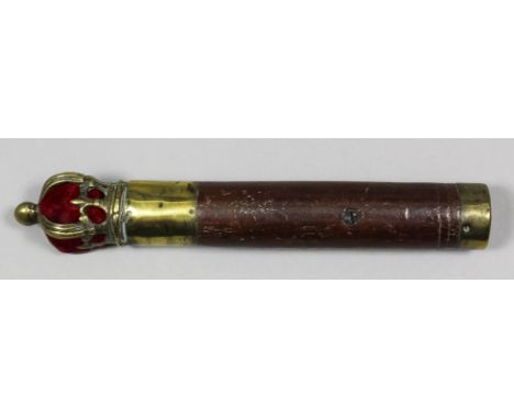 An unusual 18th/19th Century tipstaff surmounted by a brass crown with red velvet infill, mahogany handle and brass ring end,