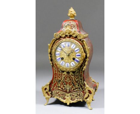 A late 19th Century French red tortoise-shell, Boulle and gilt brass mounted mantel clock of Louis XV design by Vincenti & Ci