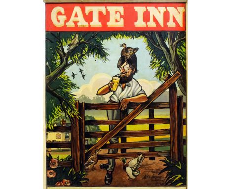 Alex Jardine (1913-1987) - Painted pub sign - "The Gate Inn, Marshside, Canterbury", 43ins x 32.5ins, with frame to three sid