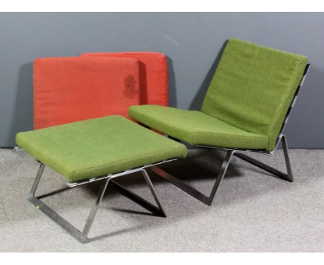 A 1960's brushed chrome framed low back "Westerham" easy chair designed by William Plunkett, and cushions for same in green w