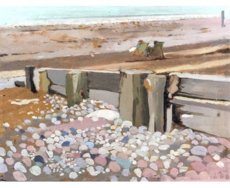 ***Lionel Bulmer (1919-1992) - Oil painting - "The Pebbly Beach", panel 10.5ins x 13.5ins, initialled, in modern gilt and pai