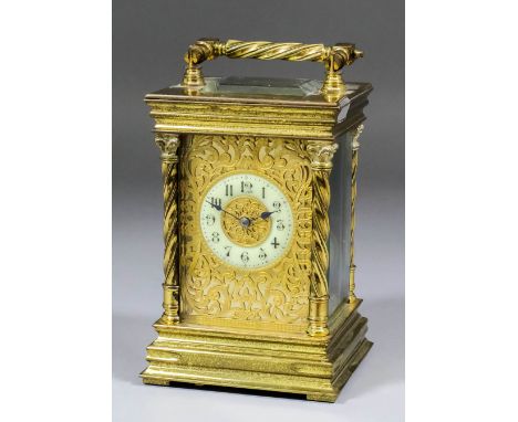 A late 19th/early 20th Century French carriage clock by R. & Co, Paris, the 2ins diameter cream enamelled chapter ring with A