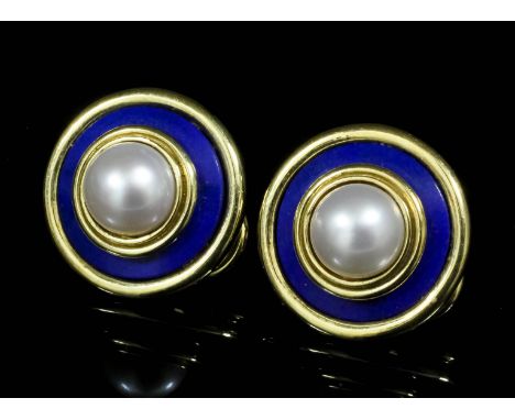 A pair of modern 18ct gold pearl and enamel target pattern earrings (for pierced ears), the central pearl 7mm diameter contai