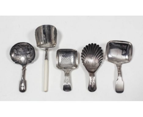 Four George III silver caddy spoons - with shaped bowl engraved with trailing leaf ornament, by Joseph Willmore, Birmingham 1