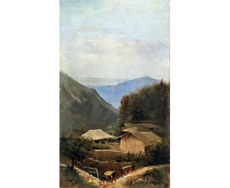 Arnold Henry Savage-Landor (1872-1924) - Oil painting - Japanese landscape with houses and figures to foreground, panel 9.5in