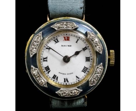 An early 20th Century lady's gold coloured metal Baume wristwatch, the white enamelled dial with Roman numerals, with pale bl