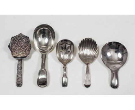 Two George IV silver caddy spoons - with shovel bowl, the whole embossed with floral and scroll ornament, by Joseph Taylor, B