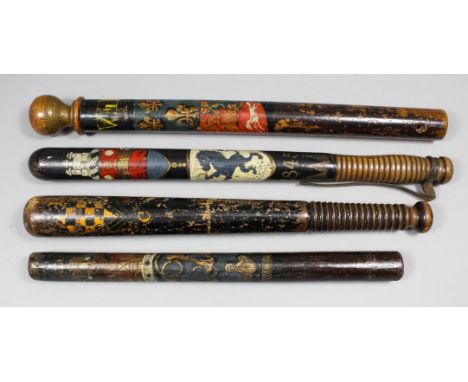 A William IV/Victorian turned wood truncheon with ball end, painted with "W1VR" and overpainted "V1R", over a royal coat of a