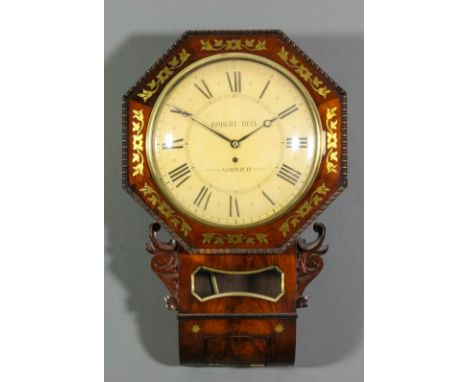 An early Victorian mahogany cased drop dial wall clock by Robert Bell of Norwich, the 12ins diameter cream painted domed meta