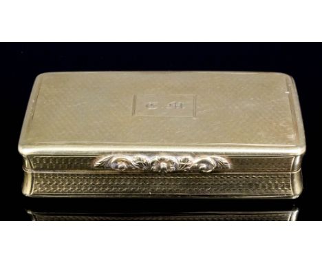 A William IV 18ct gold rectangular snuff box with cast leaf scroll pattern thumbpiece and engine turned lid and base, 2.75ins