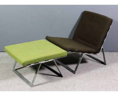 A 1960's brushed chrome framed "Westerham" low back easy chair designed by William Plunkett, and cushions for same in brown w