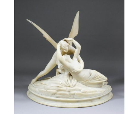 A 19th Century Italian carved alabaster group after Canova - "Psyche Revived by Cupid's Kiss ", 17.5ins high (some damage) No