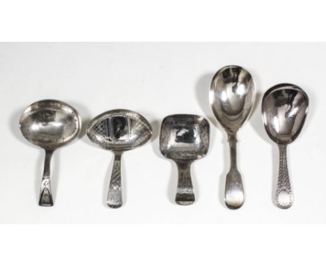 Three George III silver caddy spoons - with oval bowl with wrigglework and angular handle, by Thomas Wallis, London 1794 (cre