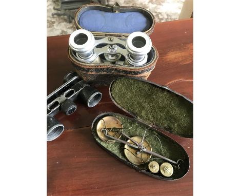 Vintage scales in original condition complete with 2 weights in tin case and two pairs opera glasses