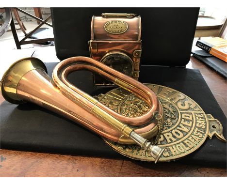 Brass and copper Fire Engineers lamp with a bugle and brass safe plate