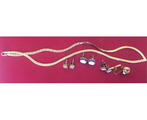 Three pairs earrings a tie pin and 9ct gold chain 5.4gms