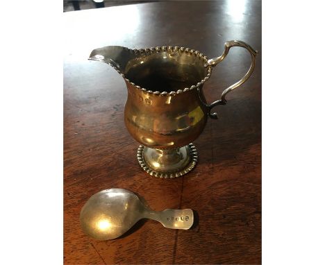 Small London silver cream jug 1766 makers mark unknown together with a B'ham silver caddy spoon by Joseph  Taylor both well u