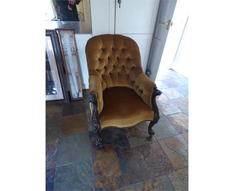 Victorian mahogany button back easy chair well carved in good condition