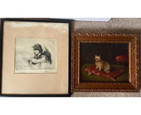 Signed lithograph "The Apache" with an oil on board of a dog