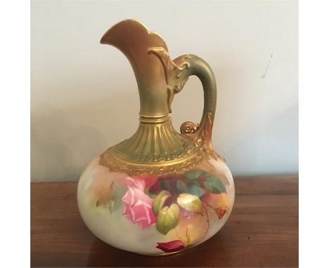 Royal Worcester ewer with gilt dragon handle roses by H Martin 20 cm high