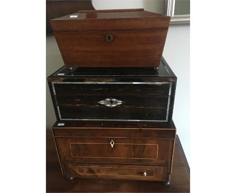 Two Victorian sewing boxes and a sarcophagus  shaped mahogany tea caddy