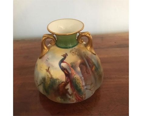 Royal Worcester two handled vase decorated with a peacock by F J Bray c1910 8.5 cm high
