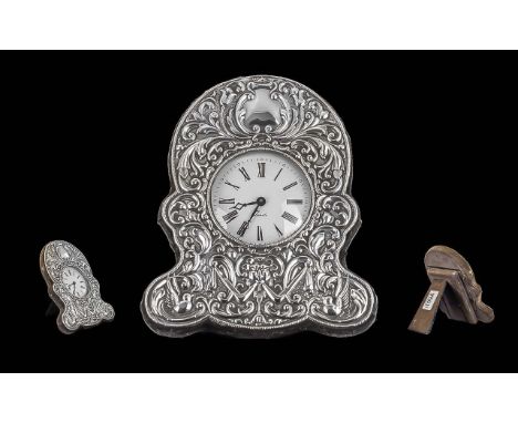 Queen Elizabeth II Pleasing Designed Sterling Silver Embossed Desk Table Clock. Hallmark London 1992. Height Approx 7 Inches 