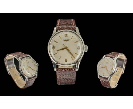 Longines Gents Pleasing Steel Case Mechanical Wrist Watch. c.Early 1960's. Features Gold Numerals and Markers, Seconds Sweep.