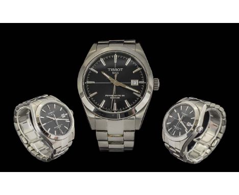 Tissot 25 Jewels Powermatic 80 Silicum Gents Steel Wrist Watch. Features Large Black Dial, Silver Markers, Visible Escapement