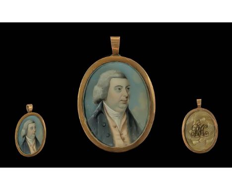 George III 1760 - 1819 12ct Gold Mounted Hand Painted Portrait of a Gentleman with Braid of Hair to Back of Portrait. Not Mar
