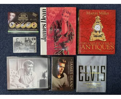 Two James Dean Books, together with a Elvis hardback book, and a Millers Antiques Guide.