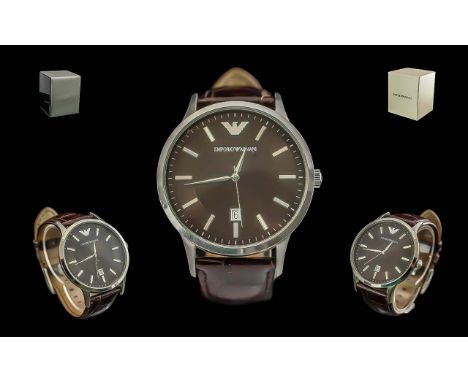 Gentleman's Emporio Armani Wristwatch, in full working order, black face with baton numerals, date aperture, with brown mock 