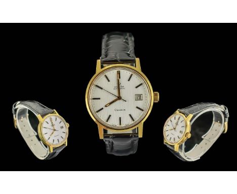 Omega Geneve Gents Gold Capped on Steel Automatic Wrist Watch. c.1970's. Features White Dial, Just/Date Display Window, Gold 