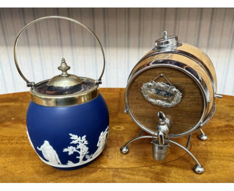 Wedgwood Style Biscuit Barrel - Together with a decorative whiskey barrel with chrome banding and chrome stand.